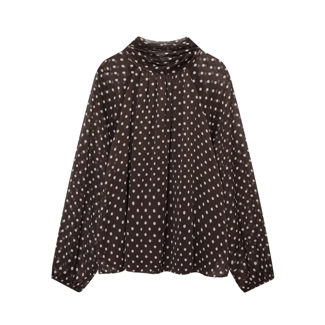 Damen Luftige Chiffon-Bluse mit Polka-Dots, Drapiertem Schlauchkragen und Ballonärmeln Shop Nory