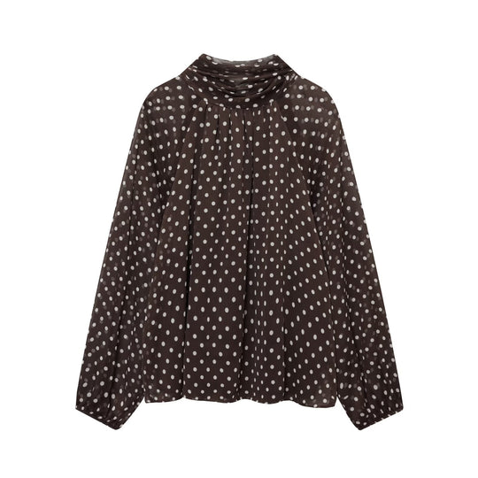 Damen Luftige Chiffon-Bluse mit Polka-Dots, Drapiertem Schlauchkragen und Ballonärmeln Shop Nory
