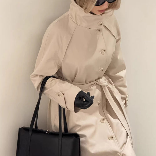Damen Maxilanger Trenchmantel mit hohem Stehkragen, doppelreihiger Knopfleiste und Bindegürtel Shop Nory