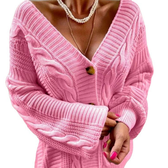 Damen Strickjacke mit tiefem V-Ausschnitt und einzigartigem Zopfdesign