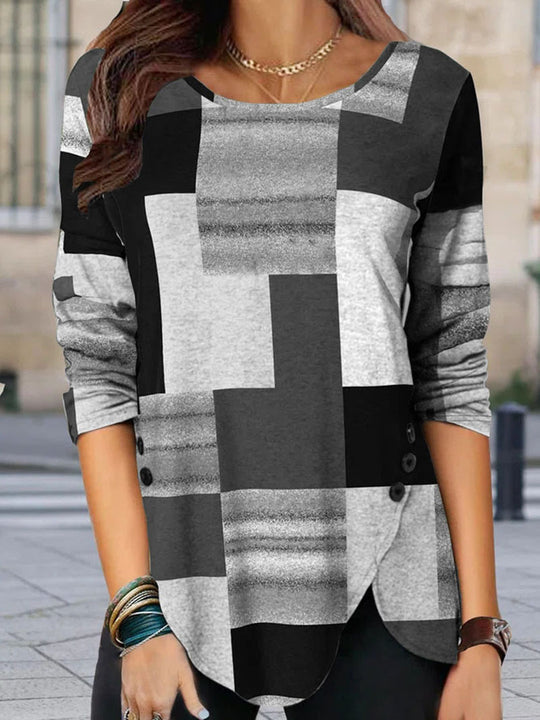 Damen gemustertes Langarm-Tunika-Shirt mit asymmetrischem Saum und dekorativer Knopfleiste Shop Nory