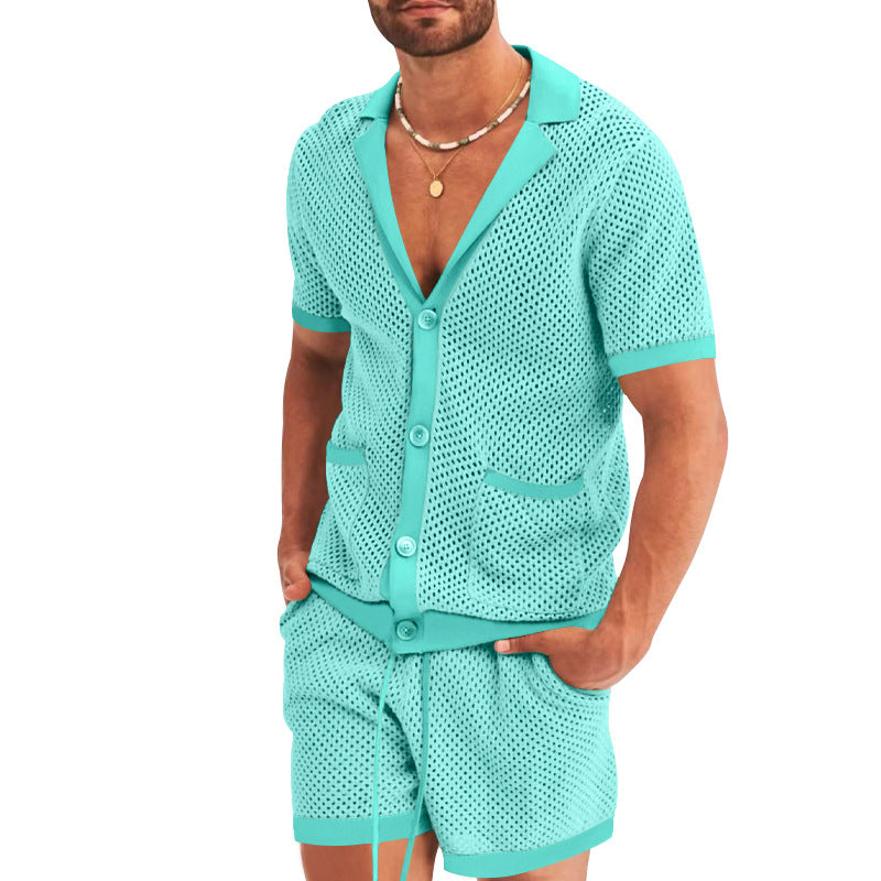 Herren nan offener Netzstrick-Cardigan mit passenden Kordelzug-Shorts