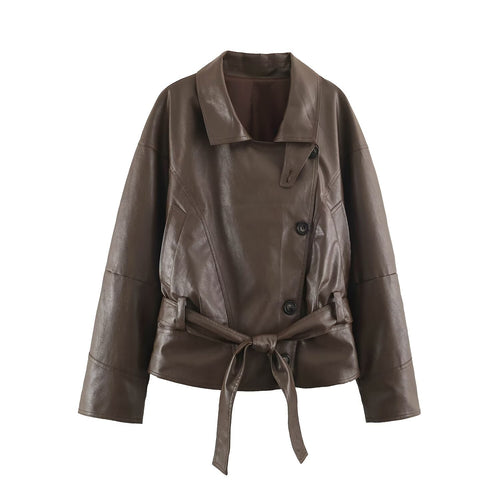 Damen taillierte Cropped Kunstlederjacke mit Bindegürtel und asymmetrischer Knopfleiste Shop Nory