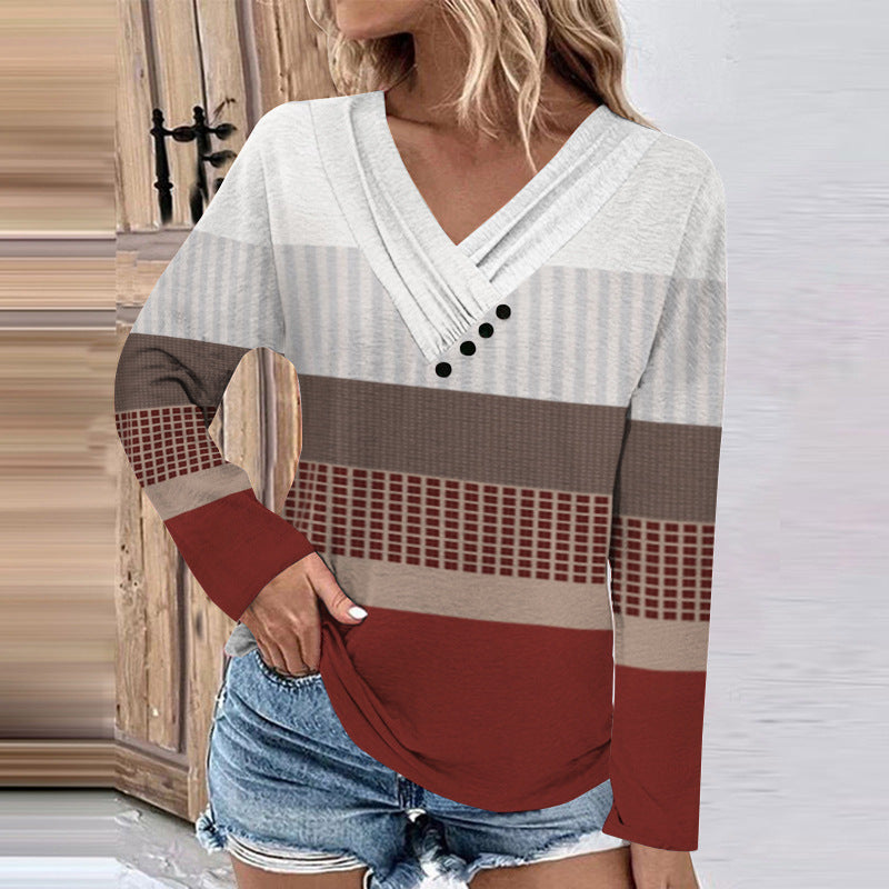 Damen Gerippter V-Ausschnitt Pullover mit Farbverlauf, Zierknöpfen und legerer Passform Shop Nory