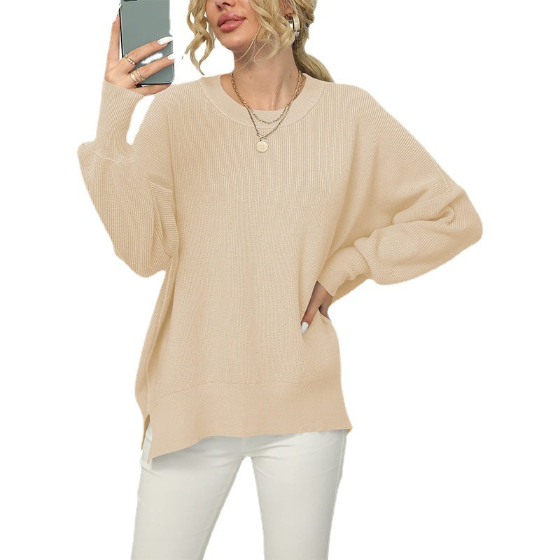 Damen Oversize-Feinstrickpullover mit Rundhalsausschnitt, überschnittener Schulter und Seitenschlitzen Shop Nory
