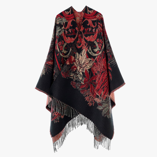 Damen Ornamentaler Jacquard‑Überwurf im Cape‑Stil mit Fransensaum Shop Nory