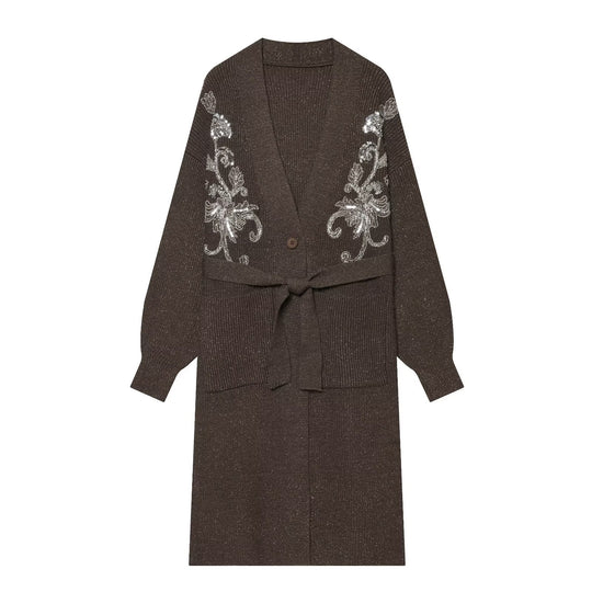 Damen Langer Feinstrick-Cardigan mit Zierstickerei, Taillengürtel und aufgesetzten Taschen Shop Nory