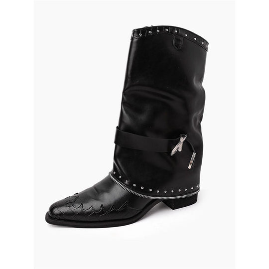 Damen Biker‑Western Midcalf‑Stiefel mit Ziernieten, Schnallenriemen und geprägter Zehenkappe Shop Nory