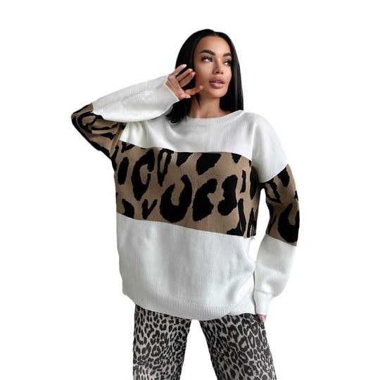 Damen Oversized Strickpullover mit Leoparden-Bahnen, überschnittener Schulter und geripptem Saum Shop Nory