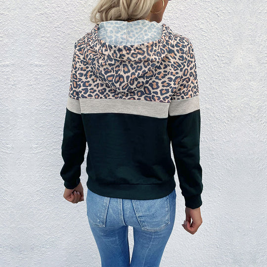 Damen Kapuzenpullover mit Leo-Print, Colorblock-Einsatz und Kängurutasche Shop Nory