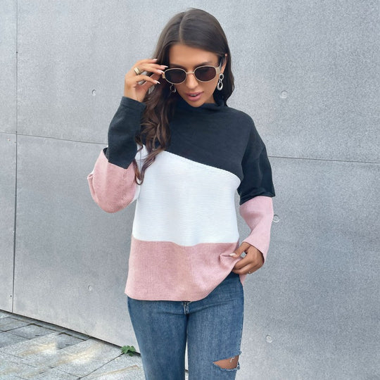 Damen Dreifarbiger Strukturstrick-Pullover mit Stehkragen und lässiger Oversize-Silhouette Shop Nory