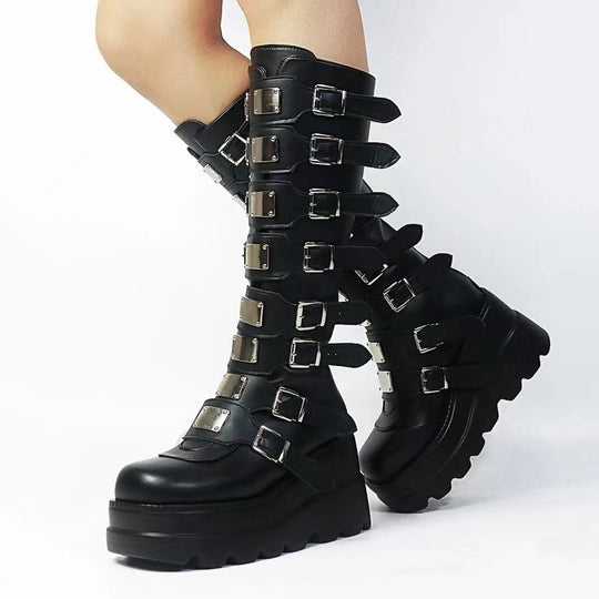 Damen Plateau-Kniehohe Gothic-Bikerstiefel mit mehrfachen Schnallen und Metallplatten Shop Nory