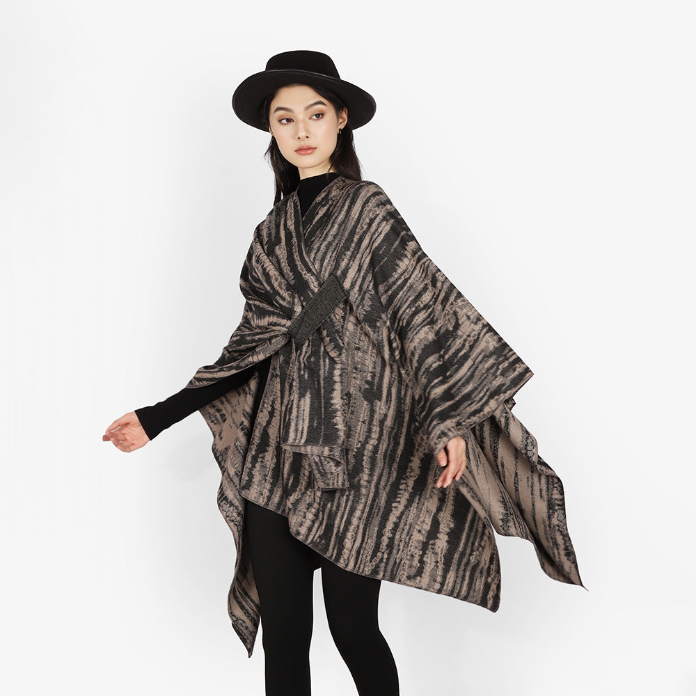 Damen Jacquard-Capeponcho mit dekorativem Bindegürtel und asymmetrischem Saum Shop Nory