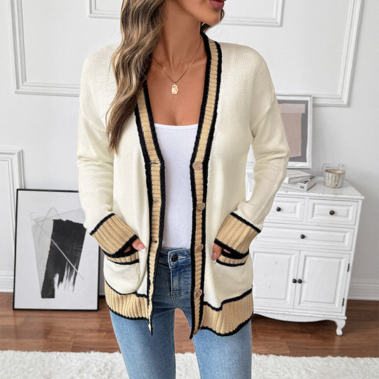 Damen Strickcardigan mit kontrastkanten, V-Ausschnitt, Knopfverschluss und aufgesetzten Taschen Shop Nory
