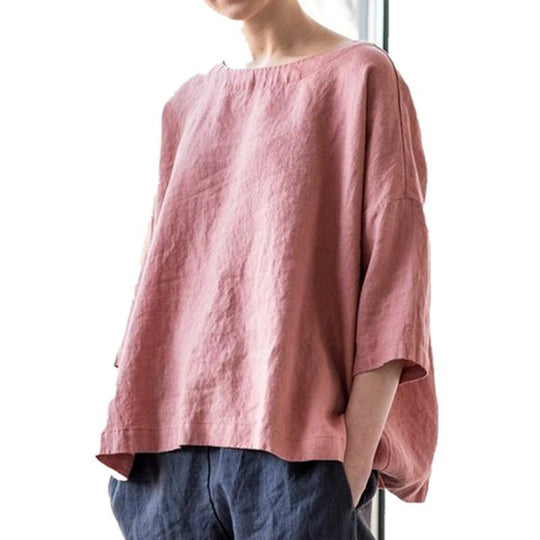 Damen Oversized Leinenbluse mit weitem Boxy‑Schnitt, U‑Boot‑Ausschnitt und 3/4‑Ärmeln Shop Nory
