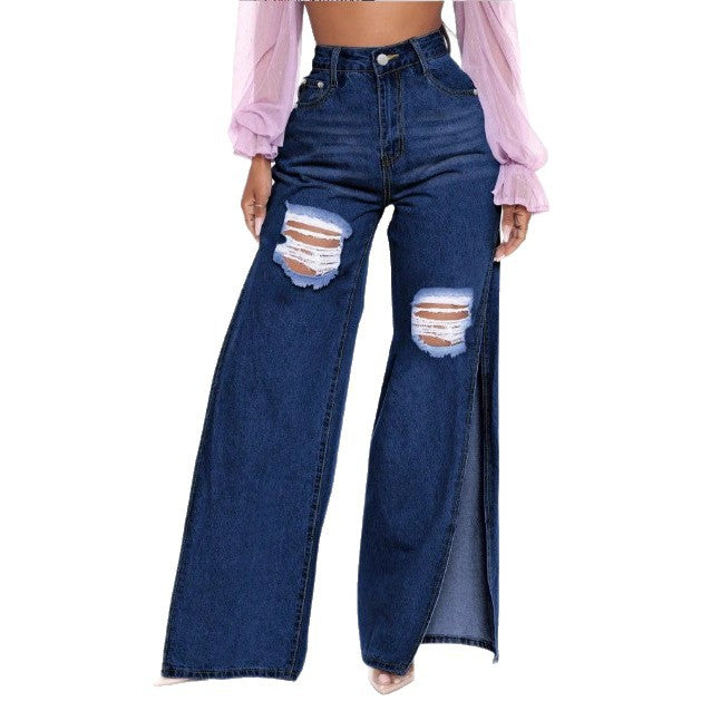 Damen High‑Waist Wide‑Leg Jeans mit hohen Seitenschlitzen und Destroyed-Details Shop Nory