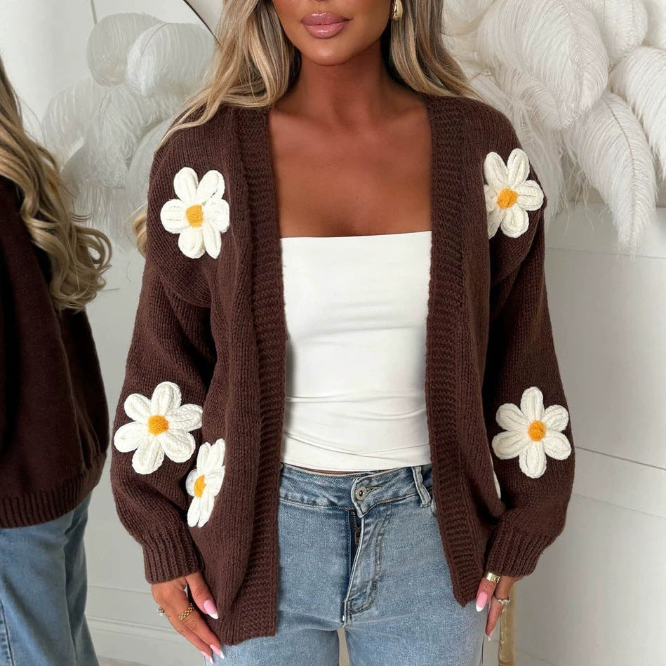 Damen Oversize-Strickcardigan mit 3D-Blumenapplikationen und geripptem Saum Shop Nory