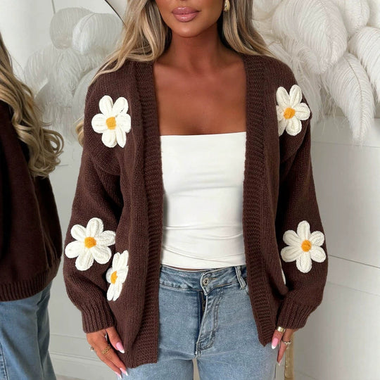 Damen Oversize-Strickcardigan mit 3D-Blumenapplikationen und geripptem Saum Shop Nory