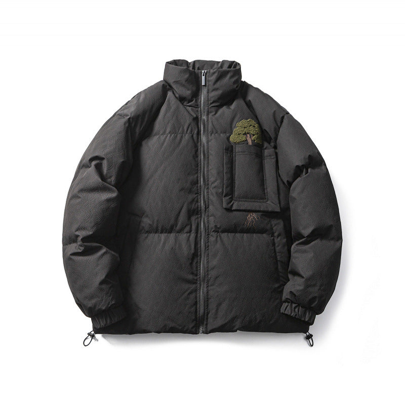 Unisex Kastig wattierte Stehkragenjacke mit Baum-Stickerei, Brustklappentasche und Kordelzugsaum Shop Nory