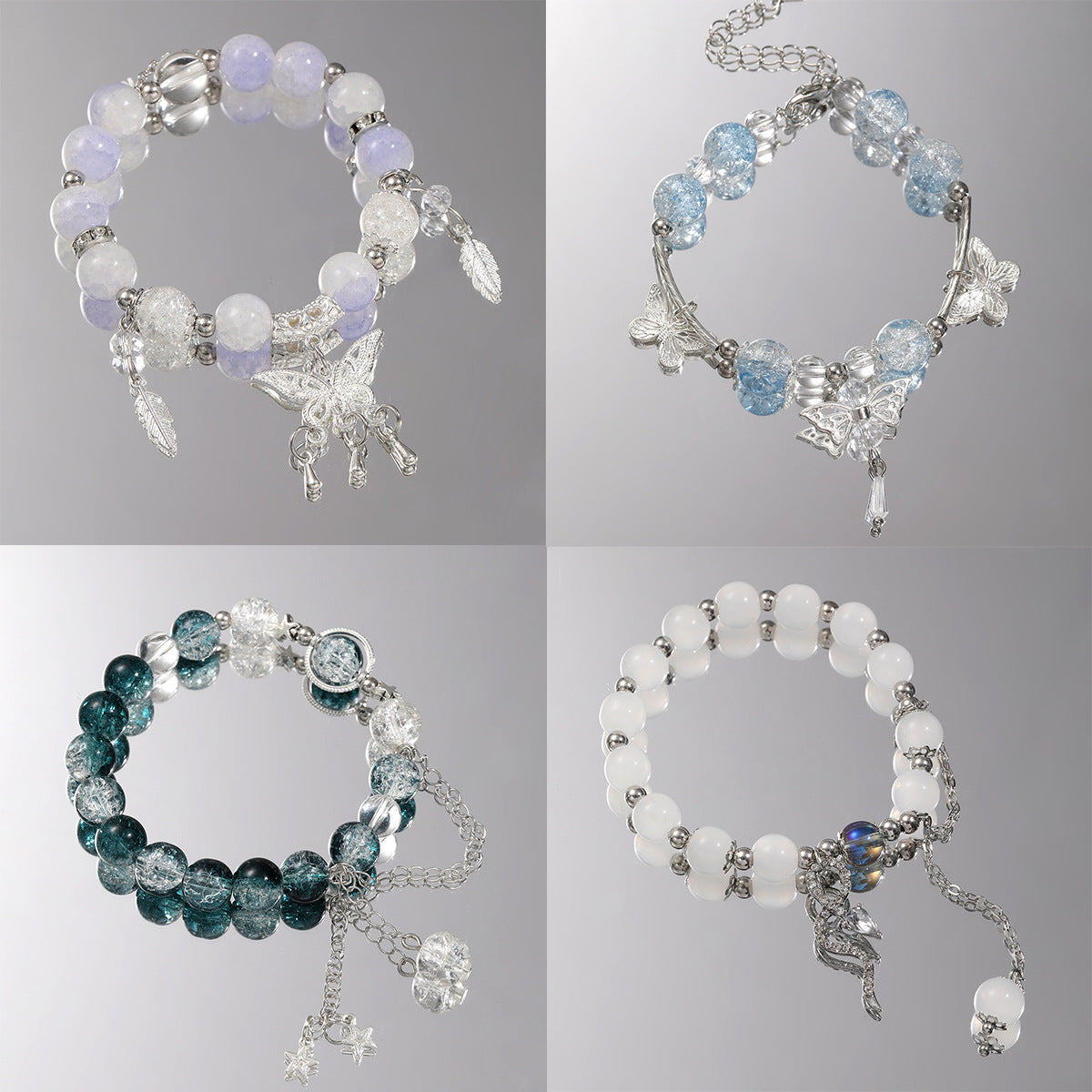 Damenarmband mit funkelnden Glaskugeln und filigranen Schmetterlingen Shop Nory