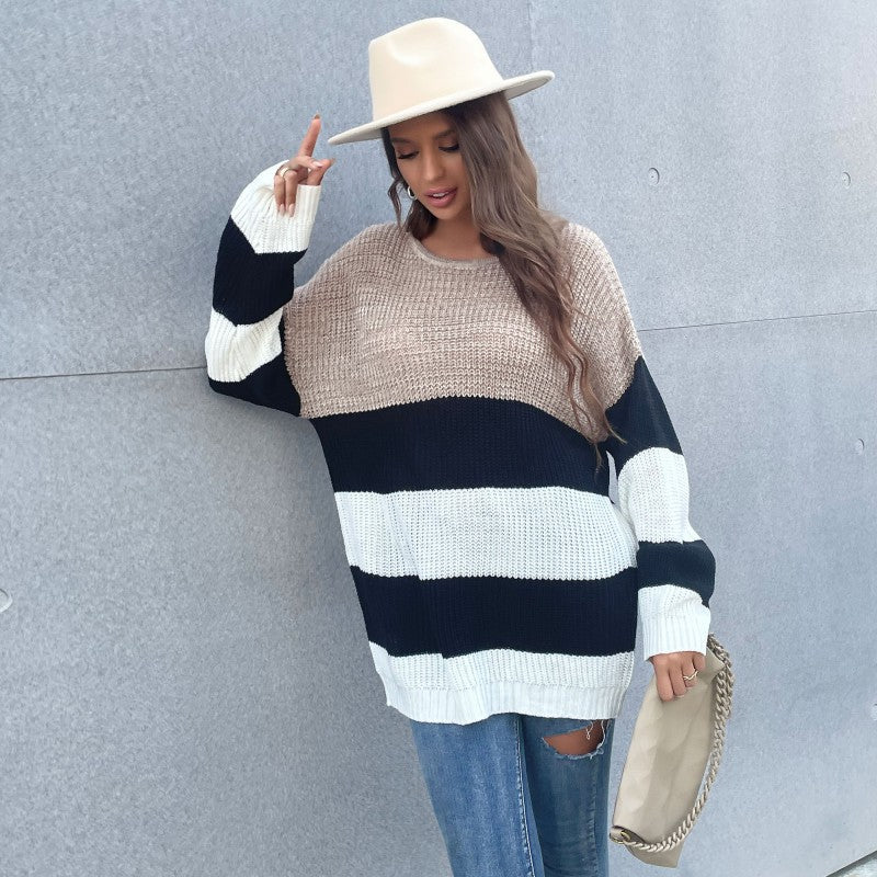 Damen Oversize-Blockstreifen-Pullover aus grobem Strick mit weitem Schnitt Shop Nory