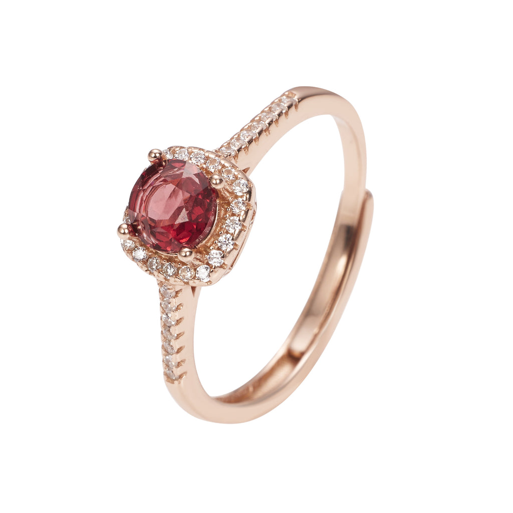Damen Ring mit rot geschliffenem Edelstein und funkelnden Zirkoniasteinen Shop Nory
