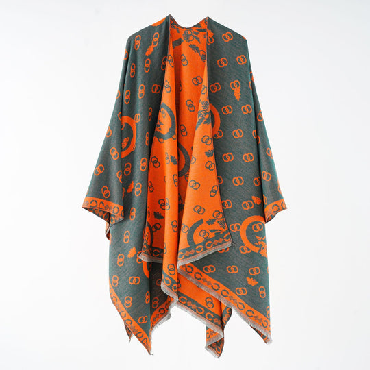Damen Wendbarer Jacquard-Überwurf mit Fransen und großzügiger Wrap-Silhouette Shop Nory