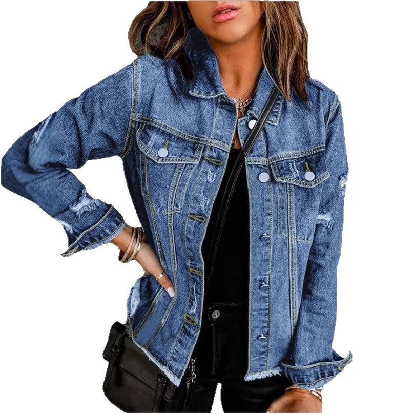 Damen Jeansjacke mit lässigen Destroyed-Ärmeln und rohem Saum Shop Nory
