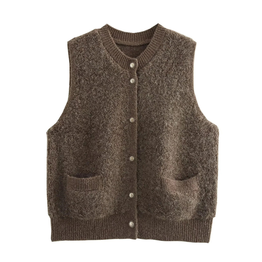 Damen Ärmellose Teddy‑Weste mit Knopfleiste und aufgesetzten Taschen Shop Nory