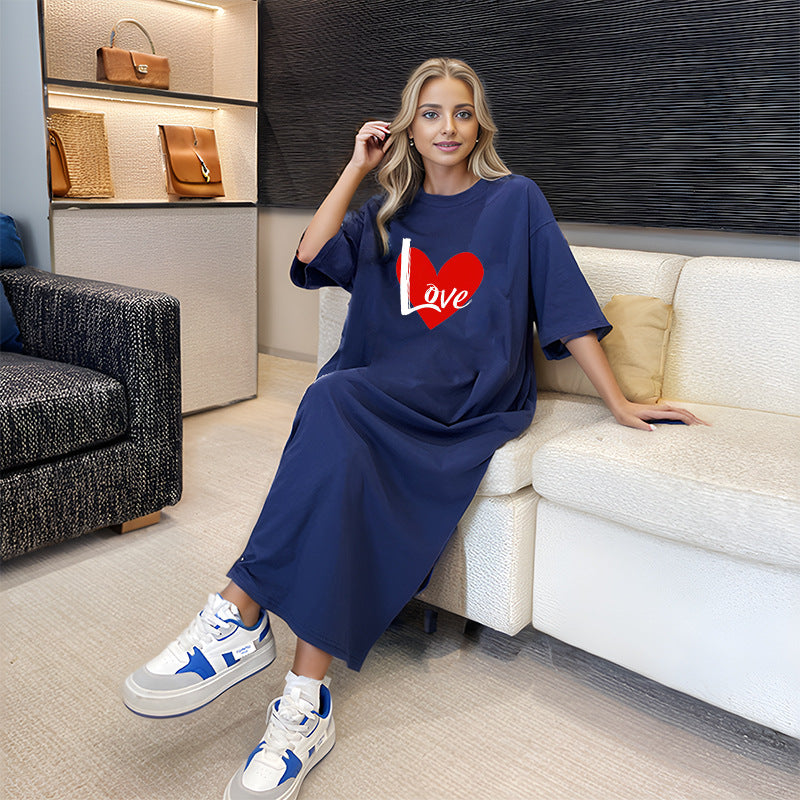 Damen nan locker geschnittenes Maxikleid mit großem Herzgrafikprint und Rundhalsausschnitt Shop Nory