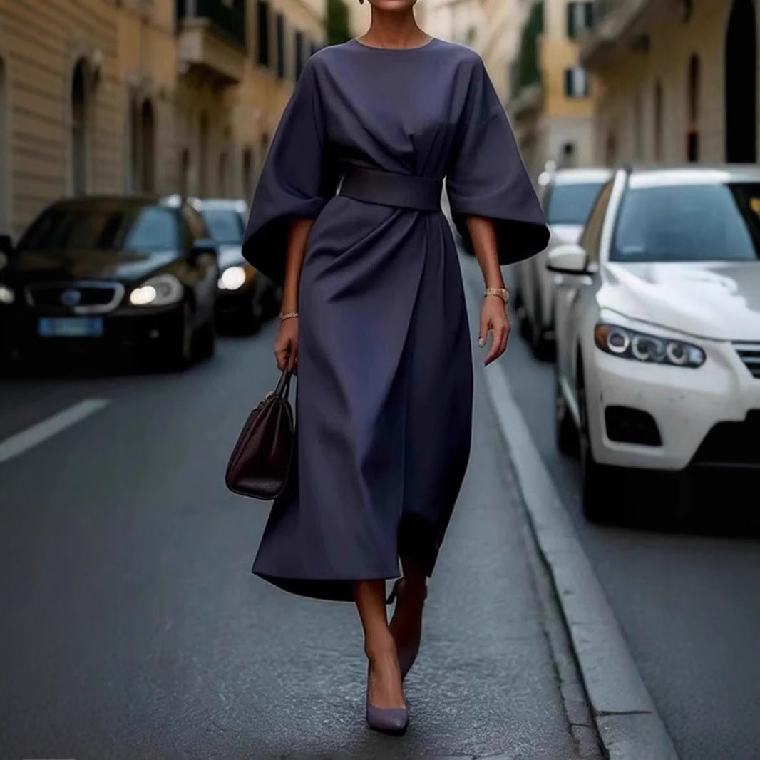 Damen Maxi-Kleid mit voluminösen Ärmeln und elegantem Drapierungsdesign