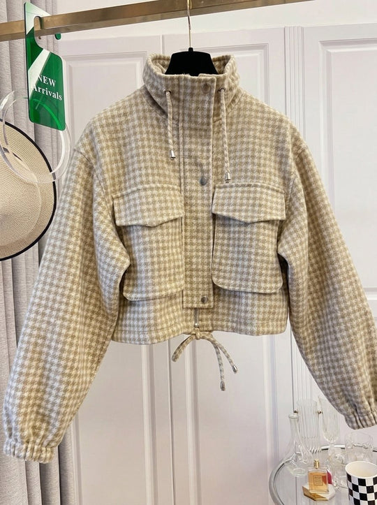 Damen Karo-Cropped-Jacke mit Stehkragen, Tunnelzug und elastischen Bündchen Shop Nory