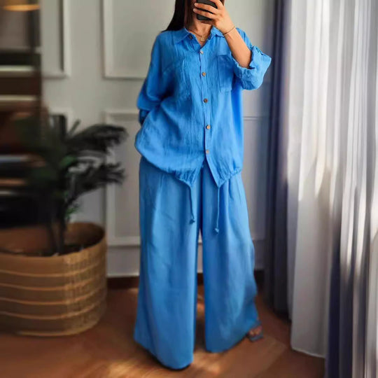 Damen Leinen-Set mit weiten Hosen undlässiger Bluse