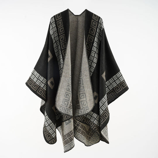 Damen Kastiger Wollmix-Ruana mit kontrastiertem Innenfutter und grafischem Jacquard Shop Nory
