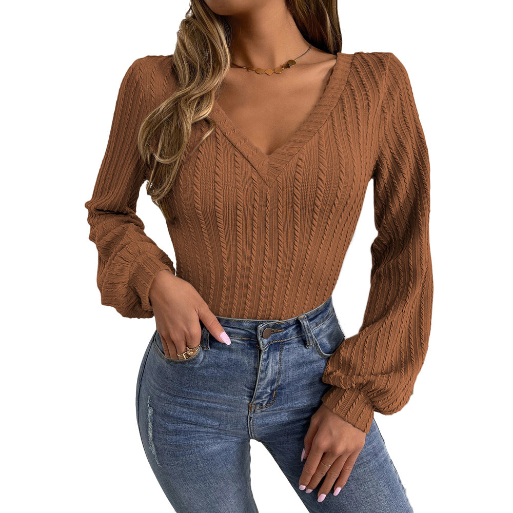 Damen figurbetontes Rippstrick-Bodyshirt mit V-Ausschnitt und Ballonärmeln Shop Nory