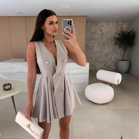 Damen Ärmelloses A-Linienkleid mit doppelter Knopfleiste Shopnory