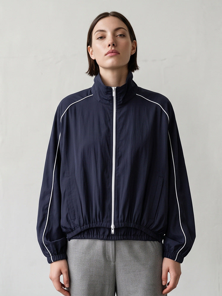 Damen Leichte sportliche Trackjacke mit Stehkragen, Kontrastpaspel und elastischem Bund Shop Nory
