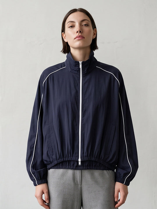 Damen Leichte sportliche Trackjacke mit Stehkragen, Kontrastpaspel und elastischem Bund Shop Nory