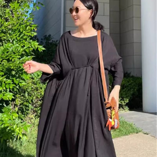 Damen Langes Smock‑Maxikleid mit tiefer Taillennaht und weitem Glockenrock Shop Nory