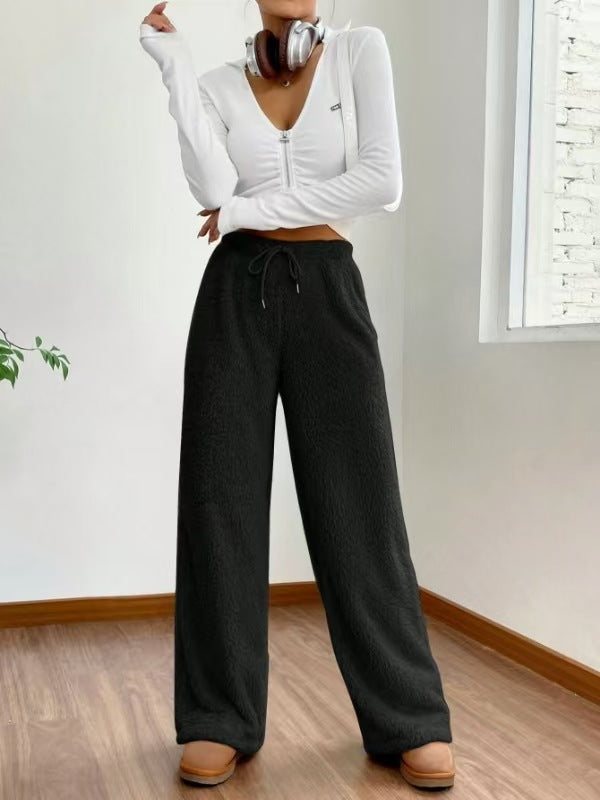 Damen nan hochtaillierte Teddyfleece-Loungehose mit weitem Bein, Kordelzug und seitlichen Eingrifftaschen Shop Nory