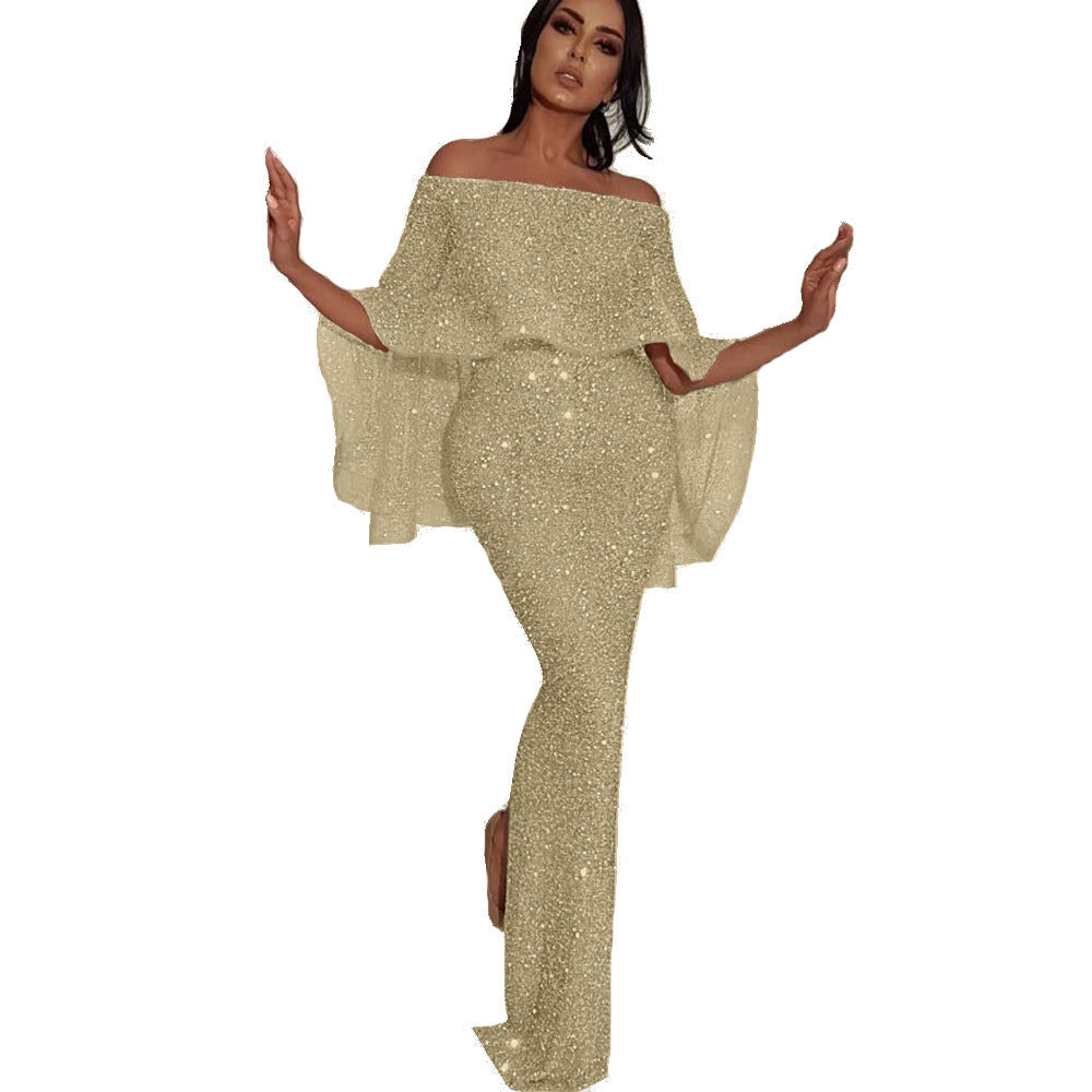 Damen Glitzerndes Abendkleid mit Offshoulder-Design und Rüschendetails