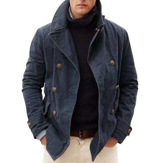 Herren Doppelreihiger Baumwoll-Peacoat mit Marineknöpfen und Stehkragen Shop Nory