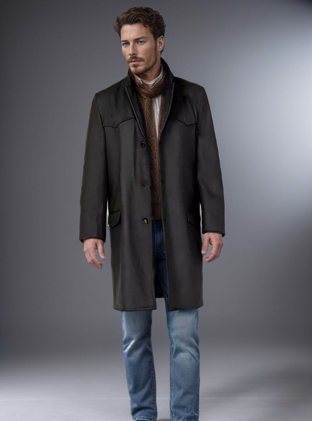 Herren Lang geschnittener Wollmantel mit Westernpasse und Pattentaschen Shop Nory