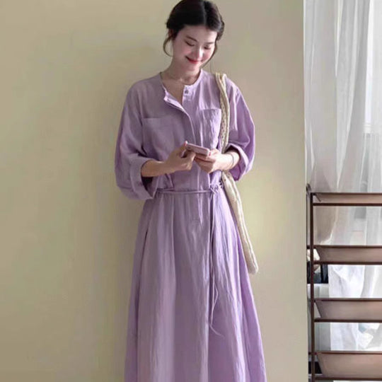 Damen Maxikleid mit Stehkragen, 3/4-Ärmeln und Tunnelzugtaillierung Shop Nory