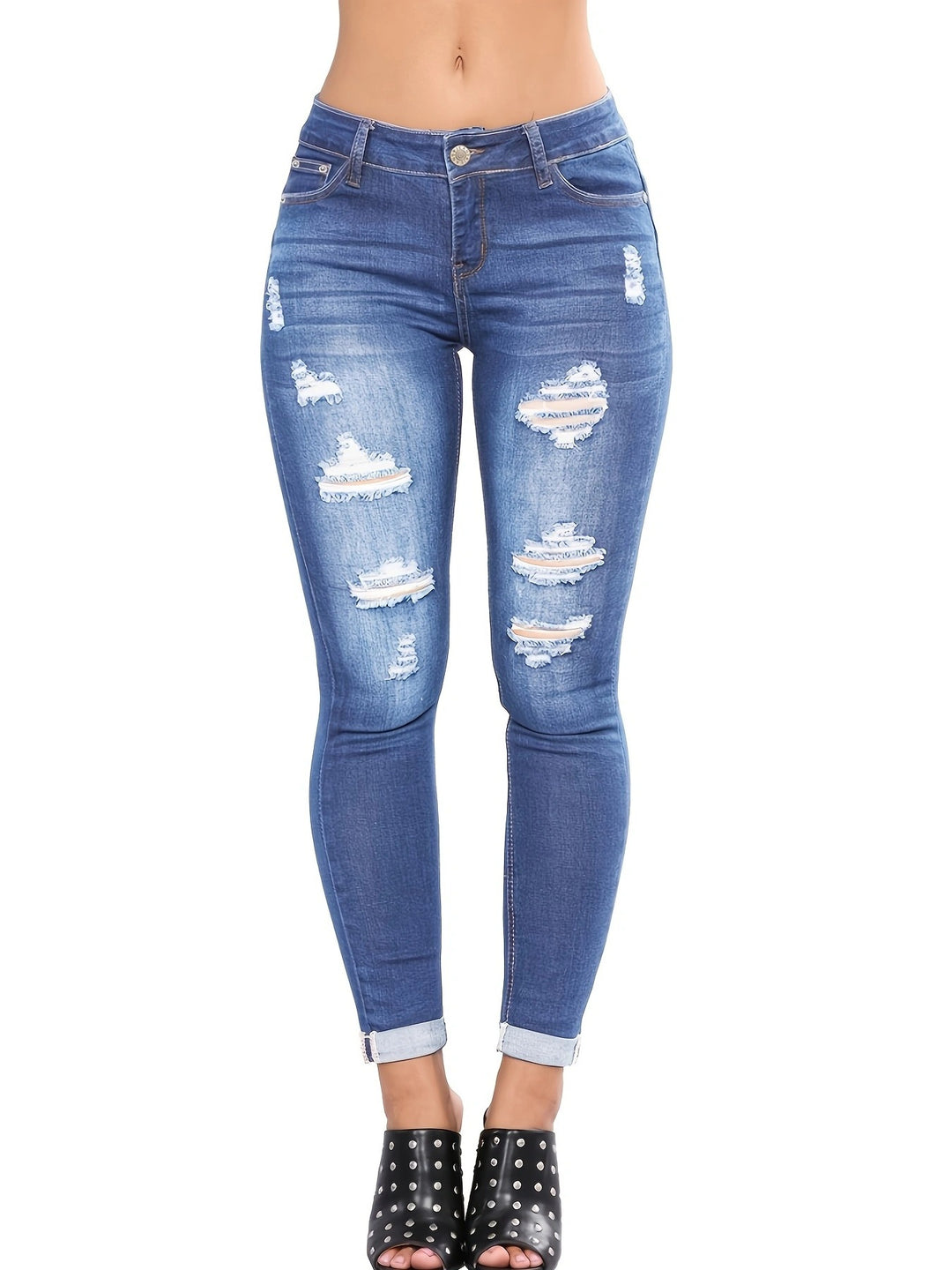 Damen Taillenhohe Superstretch-Skinny-Jeans mit strategischen Rissen und Umschlagsaum Shop Nory