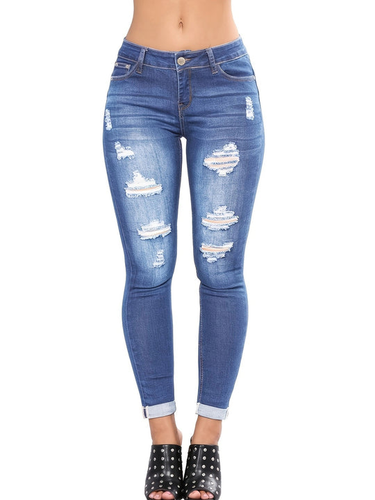 Damen Taillenhohe Superstretch-Skinny-Jeans mit strategischen Rissen und Umschlagsaum Shop Nory