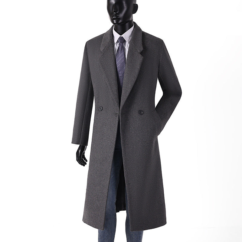 Herren Maxilanger Wollmantel im minimalistischen Schnitt mit schmalem Revers und seitlichen Eingrifftaschen Shop Nory