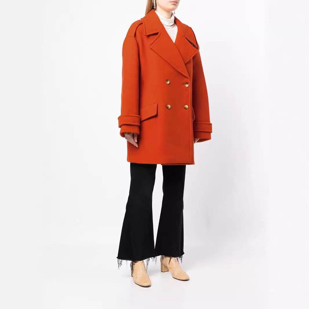 Damen Oversize Zweireihiger Kurzmantel aus Wollmix mit überbreiten Ärmeln und goldenen Zierknöpfen Shop Nory