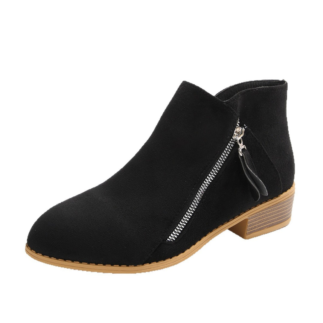 Damen Moderne Kurzschaft-Stiefelette mit sichtbarem Metallreißverschluss und niedriger Holzoptik-Blocksohle Shop Nory