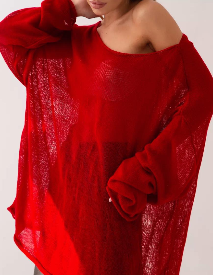 Damen luftige Strickbluse mit offenen Schultern und weiten Ärmeln